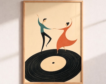 Dancing on Vinyl Print, Retro Couple Music Poster, Vintage Record Wall Art, Mid Century Modern Decor, Whimsical Dance Painting, Jazz Gift