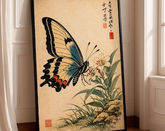 Japanese Butterfly Poster, Japanese Butterfly Wall Art, Ukiyo-e Art Print, Nature Decor, Vintage Japanese Print, Home Decor, Zen Aesthetic
