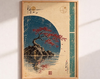 Japanese Autumn Landscape Wall Art, Red Momiji Maple Tree Print, Vintage Ukiyo-e Poster, Japanese Home Decor