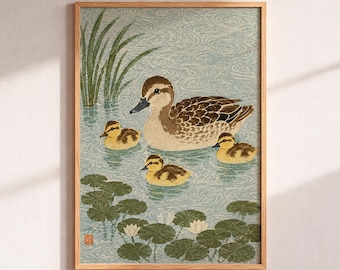 Japanese Duck Art Print, Vintage Duckling Pond Poster, Woodblock Bird Illustration, Farmhouse Nursery Wall Decor, Nature Wall Art