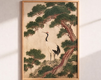 Japanese Crane Wall Art, Pine Tree Painting Poster, Traditional Asian Nature Print