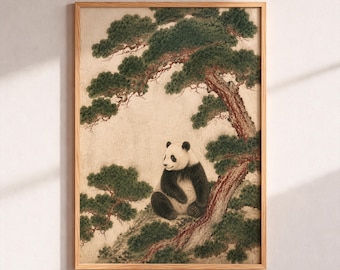 Panda Wall Art Asian Ink Painting Print, Traditional Chinese Fine Art Poster, Zen Pine Tree Nature Decor, Giant Panda Gift for Home