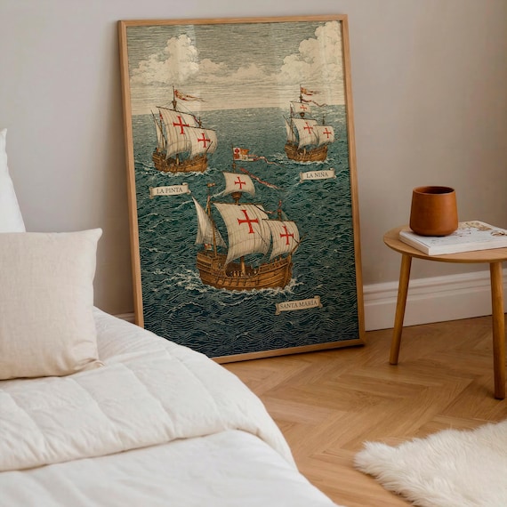 Christopher Columbus Ships Art Print, Vintage Nautical Decor