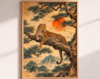 Vintage Japanese Leopard Art Print – Asian Style Red Sun & Pine Tree Poster