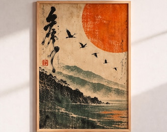 Japanese Rising Sun Print, Flying Cranes Wall Art, Wabi Sabi Asian Mountain Poster, Red Sun Art, Zen Coastal Landscape, Japandi Decor