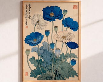 Japanese Blue Poppy Wall Art Print, Ukiyoe Poster, Vintage Asian Flower Illustration, Retro Botanical Picture, Antique Oriental Room Decor