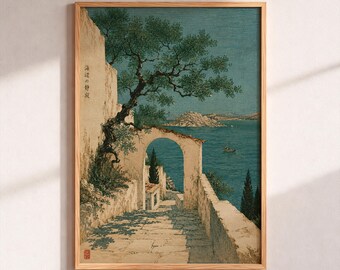 Japanese Wall Art Print, Vintage Ukiyo-e Style Poster, Zen Landscape Decor, Asian Coastal Print, Stone Archway Sea View Art