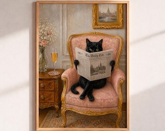 Black Cat Reading Newspaper Wall Art, Vintage Cat Poster, Funny Victorian Cat Painting, Gothic Decor, Cute Animal Artwork, Cat Lover Gift