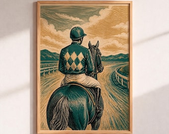 Jockey Horse Racing Art Print, Vintage Woodcut Equestrian Poster, Horse Rider Wall Decor, Linocut Horseback Gift, Retro Race Track Artwork