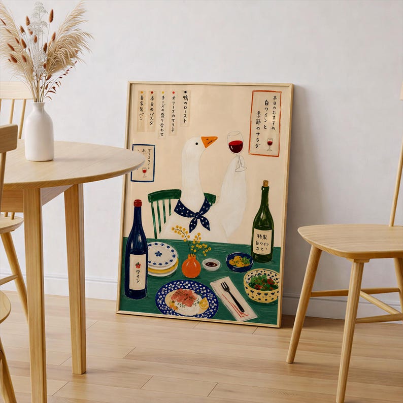 Funny Goose Art Print, Whimsical Wine Dinner Poster, Folk Kitchen Illustration, Cottagecore Dining Room Wall Decor, Quirky Wall Art image 4