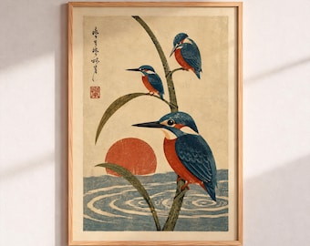Japanese Bird Art Print, Retro Blue Bird Poster, Vintage Ukiyo-e Nature Illustration, Asian Wall Decor, Minimalist Wildlife Artwork