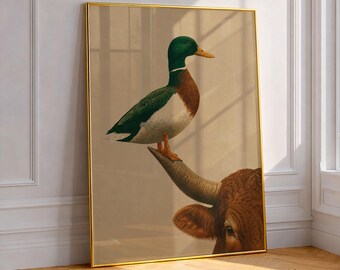 Mallard Duck Vintage Print, Countryside Wall Art, Farmhouse Decor, Antique Animal Illustration, Mallard on Bull Horn Poster, Rustic Art Gift