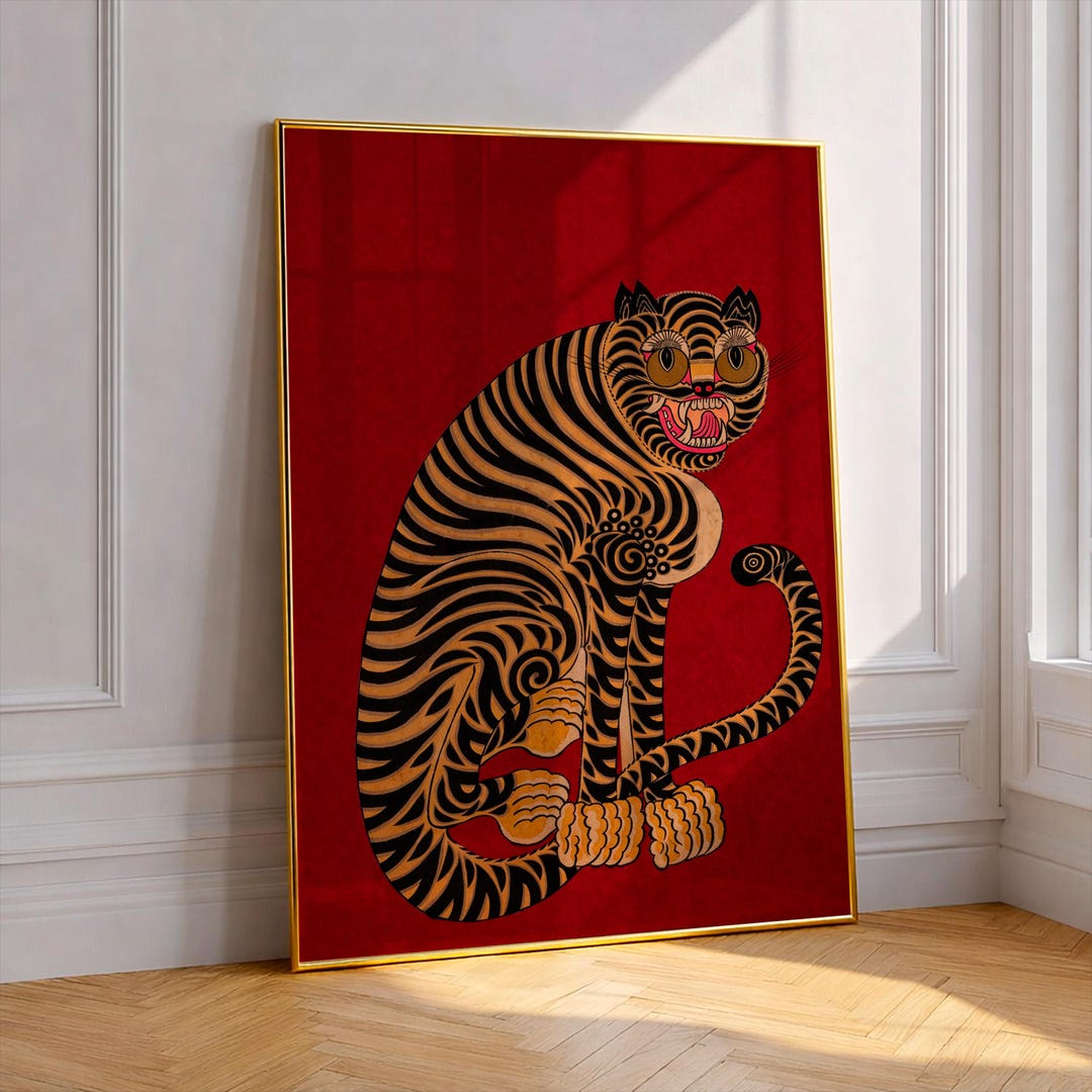 Vintage Korean Tiger Poster, Bold Oriental Animal Wall Art, Retro Folk ...