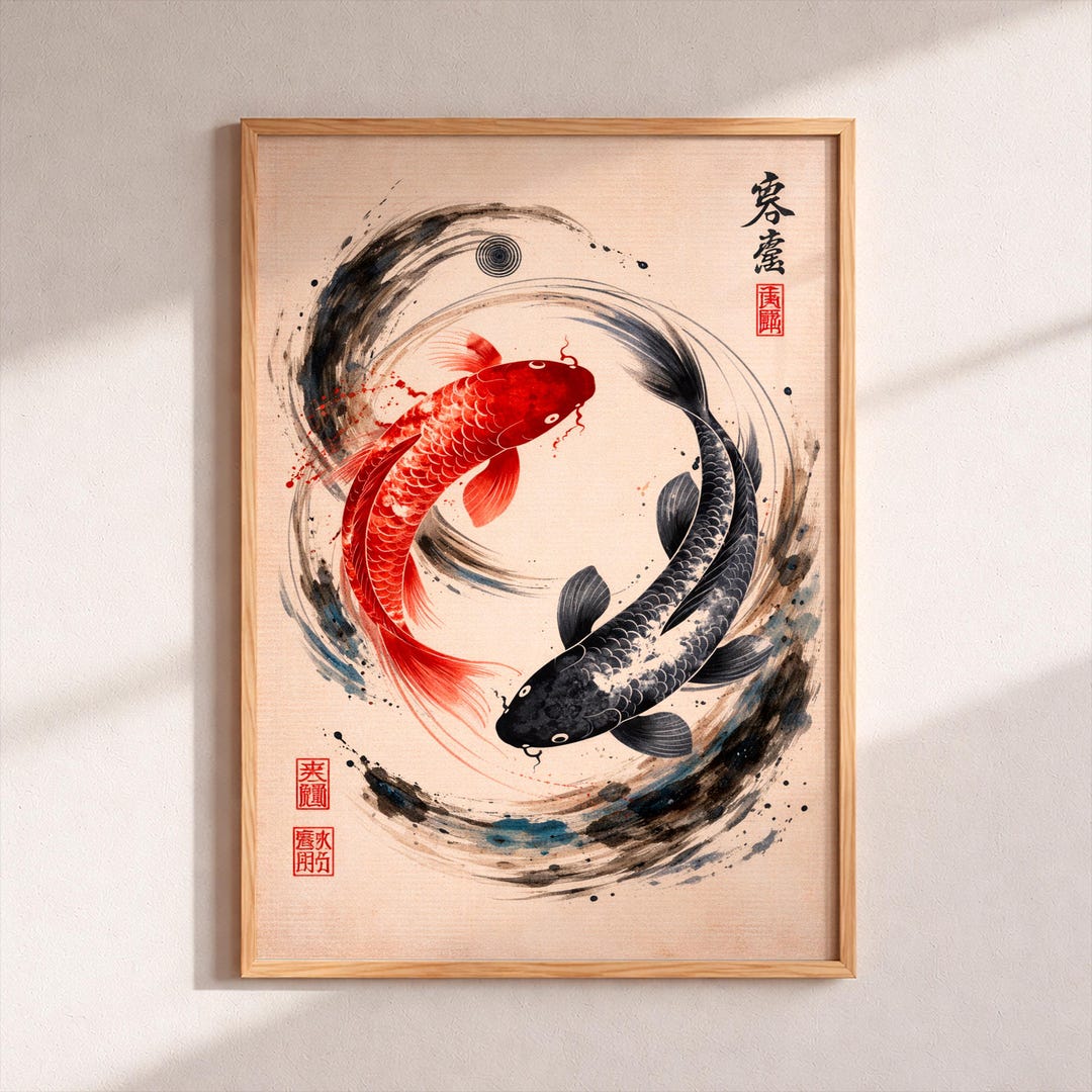 Yin Yang Koi Fish Poster, Japanese Zen Wall Art, Minimalist Japandi ...