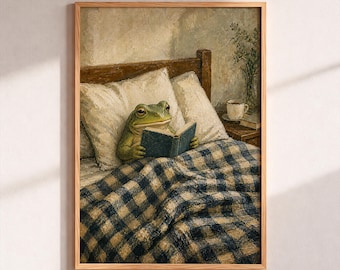 Cozy Frog Reading in Bed, Whimsical Animal Art, Cottagecore Wall Art, Dark Academia Decor, Vintage Frog Poster Print