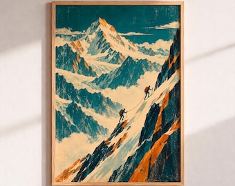 Mountain Climbing Wall Art Print, Vintage Alpine Poster, Mountaineering Artwork, Snowy Mountain Decor, Hiking Gift, Outdoor Adventure Print
