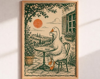 Goose Drinking Coffee Print, Cottagecore Wall Art, Vintage Duck Illustration, Whimsical Animal Poster, Retro Countryside Landscape Decor