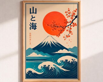 Japanese Mount Fuji Poster, Ukiyo-e Wall Decor, Cherry Blossom Art, Vintage Japan Prints, Retro Oriental Landscape Illustration