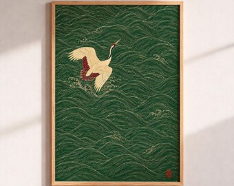 Japanese Crane Print, Ukiyo-e Wave Wall Art, Red-Crowned Crane Poster, Zen Nature Decor, Asian Woodblock Style Artwork