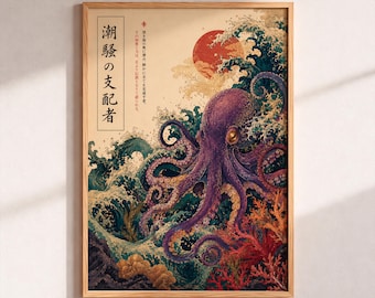 Japanese Octopus Wave Wall Art, Purple Kraken Ukiyo-E Poster, Maximalist Ocean Illustration, Moody Wall Decor, Great Wave Style Print