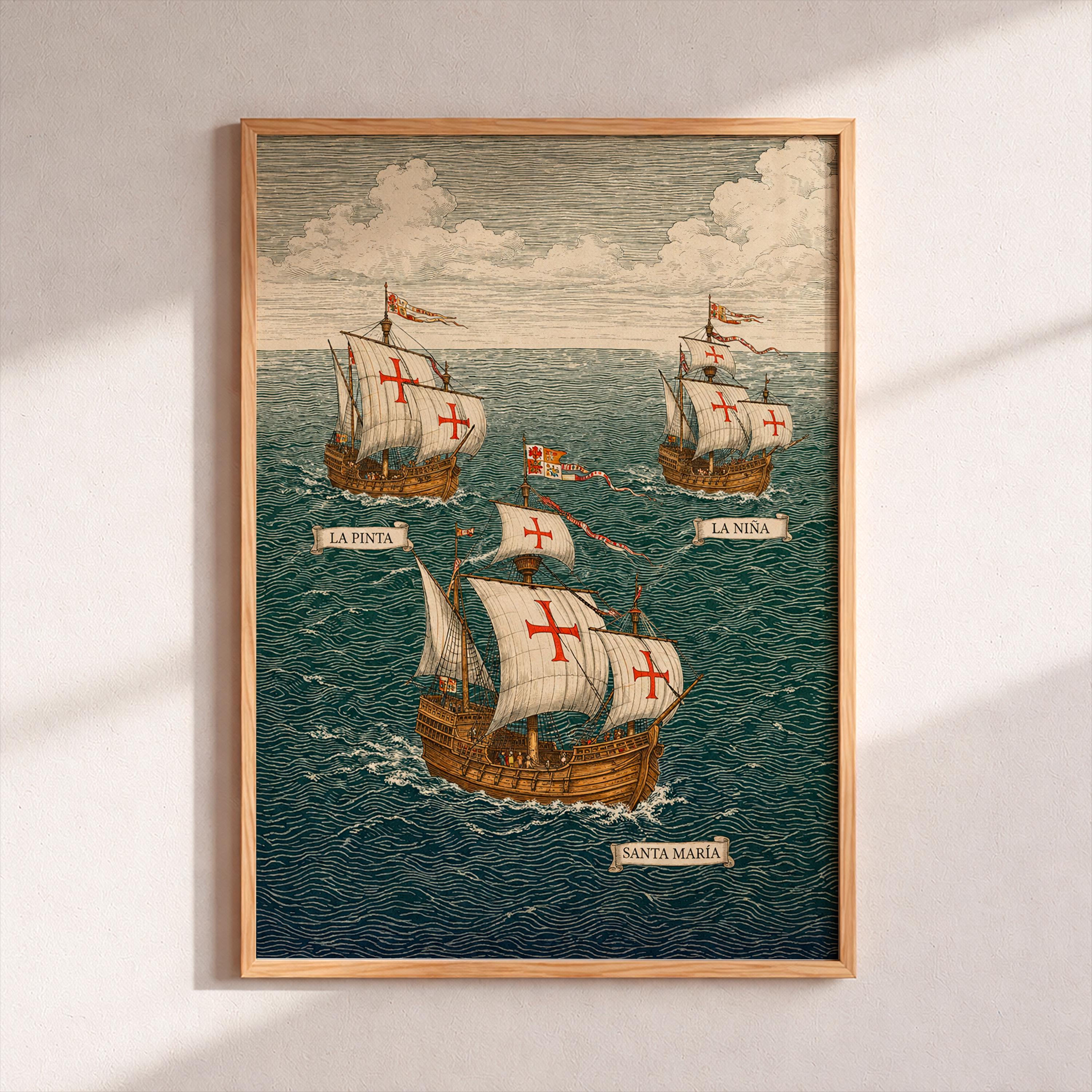 Christopher Columbus Ships Art Print, Vintage Nautical Decor
