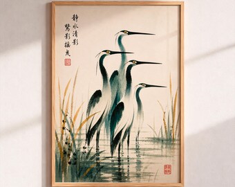 Japanese Heron Art Print, Vintage Crane Watercolor Poster, Asian Bird Wall Decor, Sumi E Ink Painting, Minimalist Nature Artwork, Zen Gift