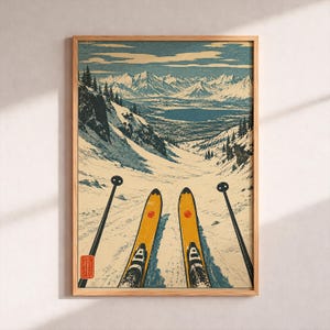 Arte de parede com tema de esqui, pôster vintage de esqui, impressão de paisagem de montanha, arte em estilo xilogravura, decoração de esportes de inverno, decoração de parede para cabana, presente para esquiador