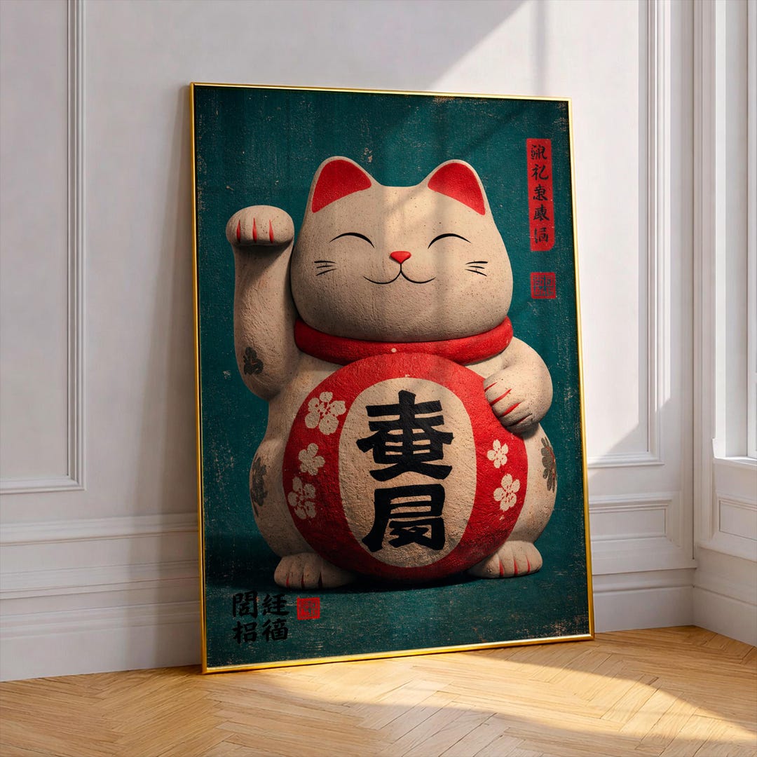 Japanese Lucky Cat Poster, Maneki Neko Wall Art, Vintage Japan Decor ...