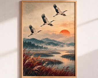 Three Flying Cranes Wall Art, Japanese Red Sun Landscape Poster, Misty Mountain River Print