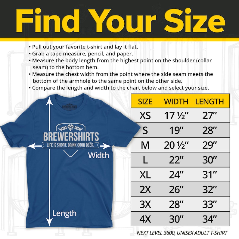 Puede incluir: Una camiseta azul con el texto "BREWERSHIRTS" y "LIFE IS SHORT. DRINK GOOD BEER." impreso en la parte delantera. La imagen incluye una tabla de tallas con medidas en pulgadas para el ancho y el largo, que van desde la XS hasta la 4X. Tambi&eacute;n se incluyen instrucciones sobre c&oacute;mo medir una camiseta.