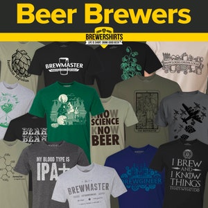 Puede incluir: Colecci&oacute;n de camisetas con dise&ntilde;os tem&aacute;ticos de cerveza. Las camisetas presentan varios gr&aacute;ficos y textos, incluyendo "Brewmaster", "I Brew and I Know Things" y "My Blood Type is IPA+". La paleta de colores incluye camisetas negras, verdes, grises y azules.