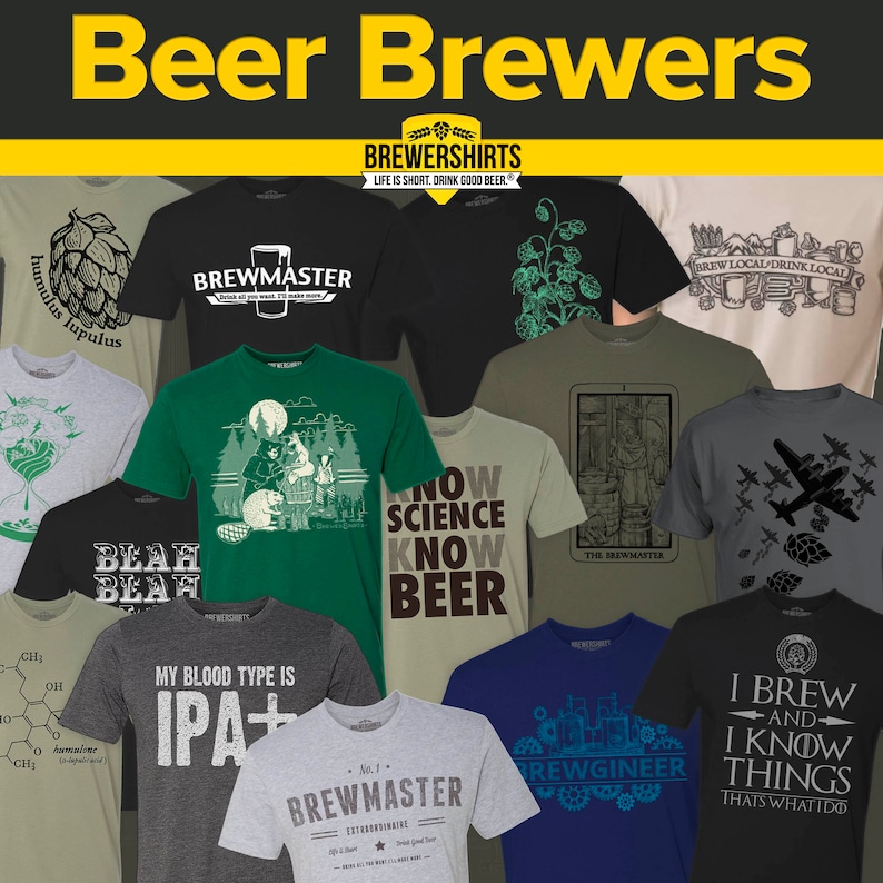Puede incluir: Colecci&oacute;n de camisetas con dise&ntilde;os tem&aacute;ticos de cerveza. Las camisetas presentan varios gr&aacute;ficos y textos, incluyendo "Brewmaster", "I Brew and I Know Things" y "My Blood Type is IPA+". La paleta de colores incluye camisetas negras, verdes, grises y azules.