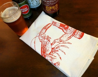 Beer Drinking Maine Lobster Bar Towel, Father's Day Gift for Homebrewer Beer Lover, Housewarming Gift, Stocking Stuffer, Beach House Decor