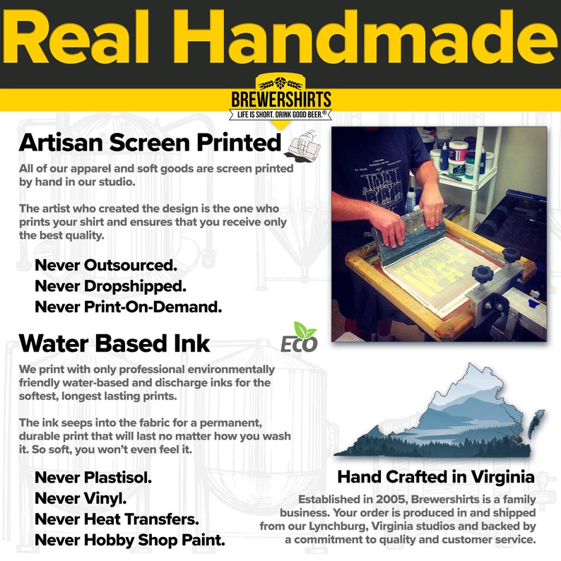 Puede incluir: Imagen que muestra el proceso de serigraf&iacute;a artesanal. El texto dice "Real Handmade" y "Brewershirts." Los detalles incluyen "Artisan Screen Printed," "Water Based Ink" y "Hand Crafted in Virginia." La imagen destaca la calidad y el cuidado en la producci&oacute;n de ropa.