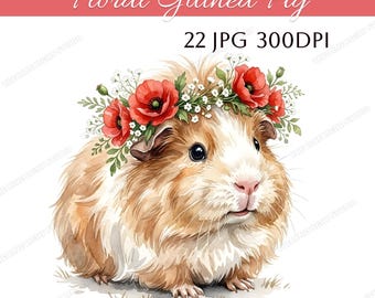 22 Watercolor Floral Guinea Pig Clipart JPG Bundle, Cute Guinea Pig, Flower Crown Animal Clipart Nursery Decor, Cute Pet Art