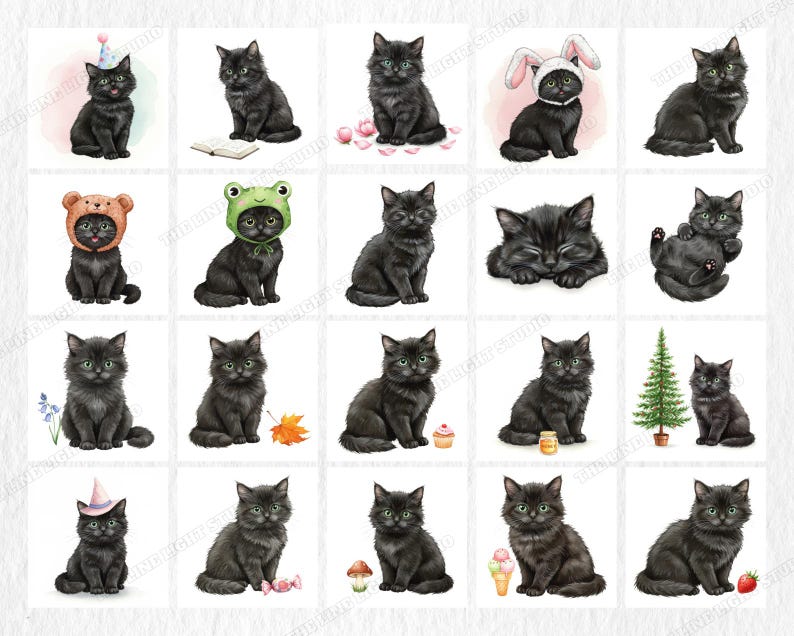 May include: A collection of watercolor illustrations featuring black cats in various poses and with different accessories. Some cats wear hats, including a party hat, bunny ears, and a frog hat. Other cats are shown with flowers, a book, and a Christmas tree.