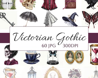 Gothic Victorian Clipart Bundle, Skull & Floral Illustrations (JPG Digital Download)