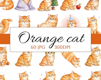 60 Orange Cats Watercolor Clipart Bundle, Cute Ginger Kitten, Cat Printables Images, Cat Scrapbooking Paper craft, Cat Digital Download JPG