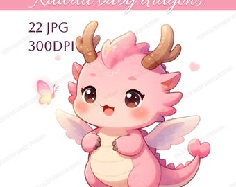 22 Watercolor Kawaii Baby Dragon Clipart JPG Bundle, Cute Dragon, Fantasy Chibi Clipart, Magical Creatures, Wizard Animal Clipart