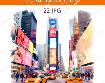 22 Watercolor New York City Clipart JPG Bundle, Featuring iconic NYC landmarks, Big Apple Clipart, Watercolor Poster Collection, City Bundle