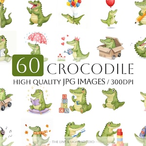 May include: A set of 60 watercolour illustrations of cartoon crocodiles in different poses. The crocodiles are green with yellow bellies and are shown with items like crowns, books, and balloons. Text reads "60 CROCODILE HIGH QUALITY JPG IMAGES / 300DPI".