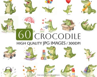 60 Crocodile Clipart Bundle, Watercolor Crocodile JPG, Cute Crocodile Printable Images, junk journal, Croco Clipart Paper craft, Funny Art