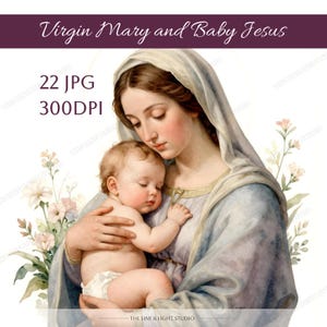 Puede incluir: Ilustración en acuarela de la Virgen María sosteniendo al Niño Jesús. La imagen presenta colores suaves, con María con una túnica azul y blanca, y el Niño Jesús con un pañal. El texto "Virgin Mary and Baby Jesus" está en la parte superior.