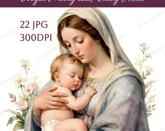 22 Virgin Mary and Baby Jesus Clip Art, Christian Artwork, Catholic Clipart, Heaven Digital Art, Christmas Nativity Printable JPG Images