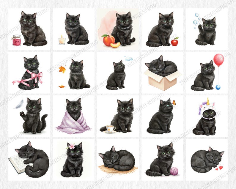 May include: A collection of watercolor illustrations featuring black cats in various poses and settings. Some cats are depicted with accessories like a pink bow, a unicorn hat, or a cup of tea. The images have a soft, artistic style.