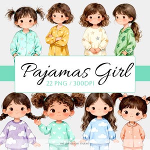 Op de afbeelding: Waterverfillustraties van meisjes in pyjama's. De afbeelding toont acht verschillende meisjes, elk met een unieke pyjamaset in verschillende kleuren en patronen. De tekst "Pajamas Girl" is weergegeven in een elegant lettertype.