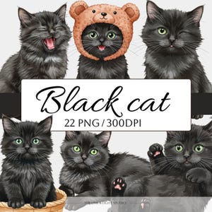 22 Black Cats Clipart Bundle PNG,Cute Black Kitten Watercolor Cat Printable Images,  junk journal,Cat Scrapbooking Paper craft,Funny Cat Art