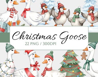 22 Watercolor Christmas Goose Clipart Bundle PNG, Cute Holiday Goose Illustrations with Scarves Hats & Gifts, Winter Christmas Goose PNG Set