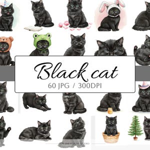 May include: A collection of watercolor illustrations of black cats in various poses and outfits. The image includes the text "Black cat" and details about the image file.
