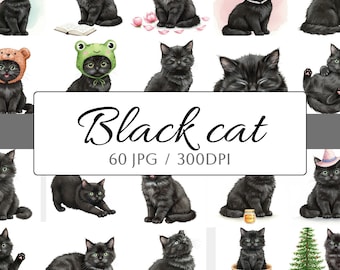 60 Black Cat Clipart Bundle JPG, Cute Kitten, Watercolor Cat Printable Images, junk journal, Cat Scrapbooking Paper craft, Funny Cat Art